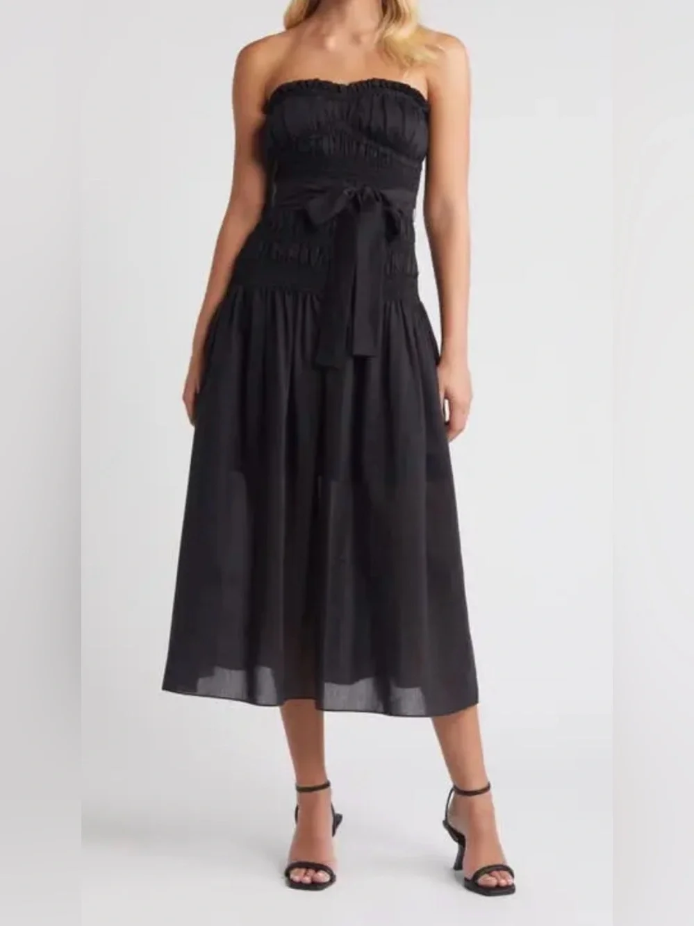 Moon River Smocked Strapless Black Midi Dress - Picture 2 of 15